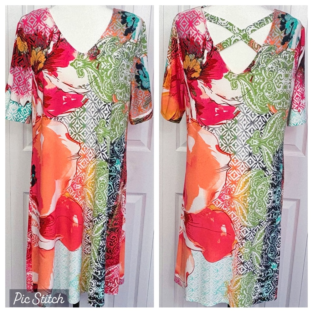 Chico's Colorful Abstract Artsy Floral Print Stretch Shift Dress Large